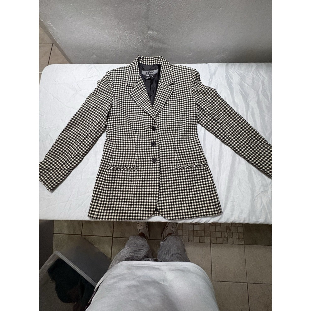 HW New York Vintage Black White Houndstooth Blazer Jacket Size 6